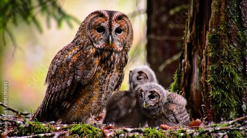 Wallpaper Mural Protective Adult Tawny Owl with Two Cute Owlets Sitting in a Mossy Nest in a Lush Green Forest Torontodigital.ca