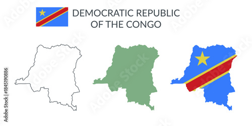 Democratic republic of the Congo geographical borders isolated on white background. Flag of Democratic republic of the Congo. Vector flat cliparts.