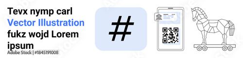 QR code on a smartphone screen, large metadata tag icon, and a geometric wireframe Trojan horse. Ideal for technology, security, social media, coding, innovation, creativity simple landing page