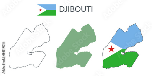 Djibouti geographical borders isolated on white background. Flag of Djibouti. Vector flat cliparts.