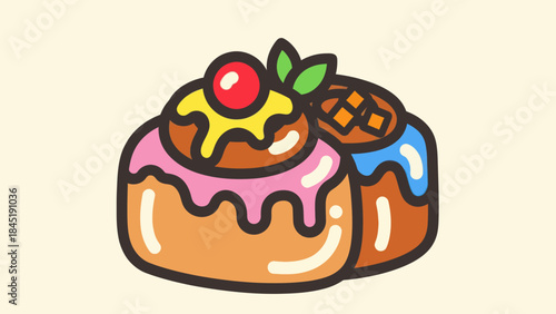 Cartoon baked goods sweet roll pastries with colorful frosting and cherry