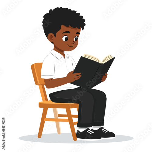 A young Black boy with curly hair sits on a wooden chair, happily reading a black book.
