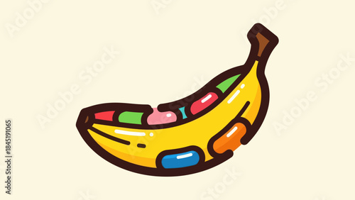 Cartoon banana filled with colorful candies illustration isolated on a background