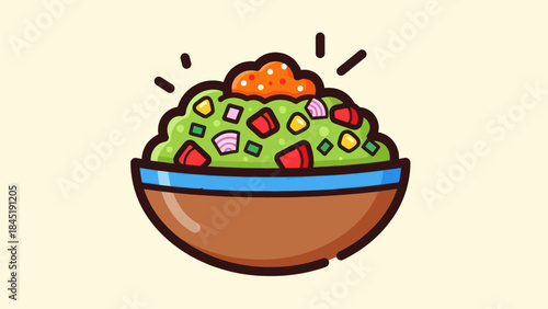 Cartoon bowl of guacamole with colorful toppings illustration