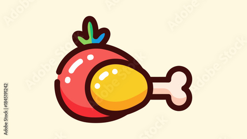 Cartoon chicken drumstick and tomato icon on beige background