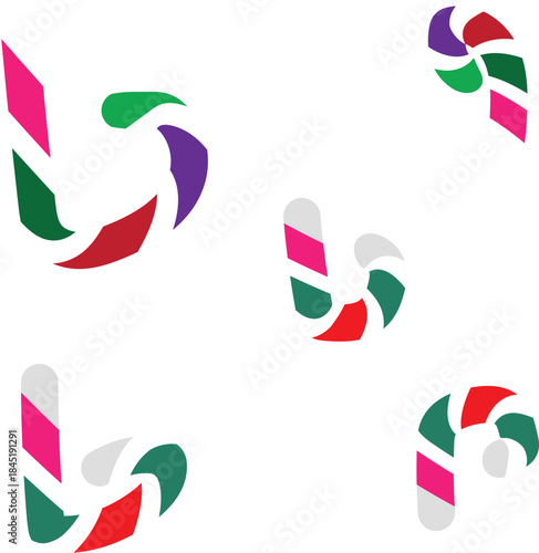 Abstract arrangement of colorful candy canes in pink green purple red and white hues on a white background