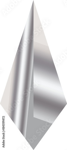 A sleek silver diamond shaped object with a gradient effect is presented against a clean white background