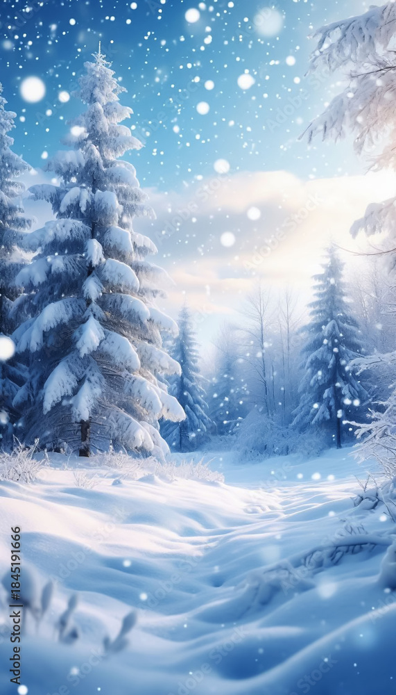 Fototapeta premium Magical winter wonderland vertical backdrop for social media stories