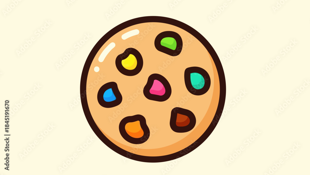 Fototapeta premium Cartoon cookie with colorful candy decorations isolated on light background