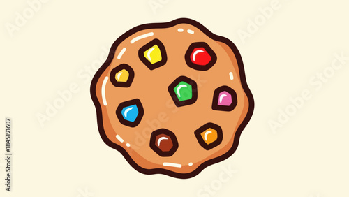 Cartoon cookie with colorful candy decoration on light background