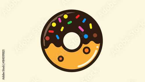 Cartoon donut with chocolate glaze and colorful sprinkles on beige background