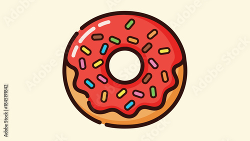 Cartoon donut with colorful sprinkles isolated on cream background