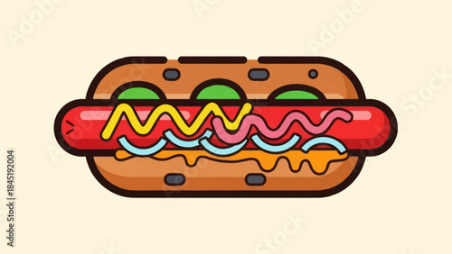 Cartoon hot dog illustration with mustard and relish on beige background