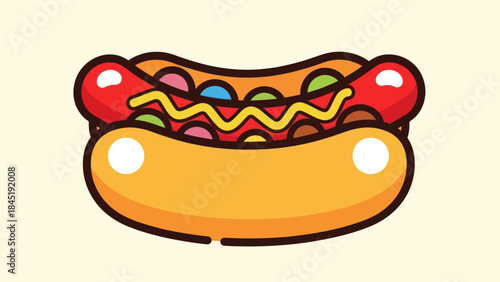 Cartoon hot dog illustration with toppings on a yellow background