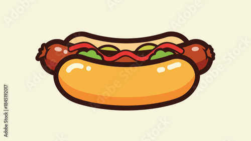 Cartoon hot dog illustration with mustard and relish on beige background