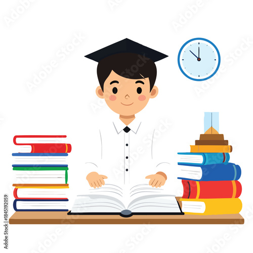 A young student wearing a graduation cap diligently studying at a desk with stacks of books and a clock in the background, symbolizing education and learning.