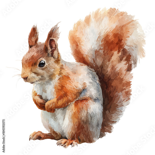 Watercolor Squirrel vector, artistic painting style, high-resolution illustration on a pure white background.