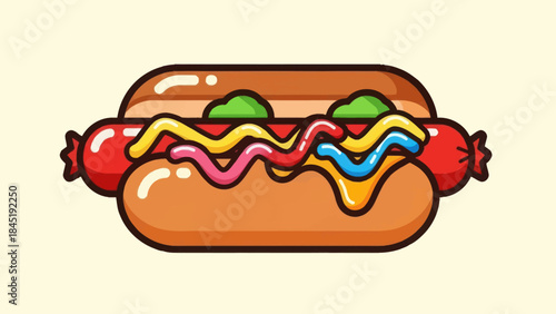 Cartoon hot dog with condiments illustration perfect for food related projects