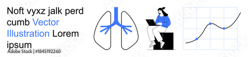 Medical research, data analysis, respiratory health, healthcare trends, medical education, diagnostics. Diagram of lungs, a researcher on laptop and a graph. Medical research and data analysis theme