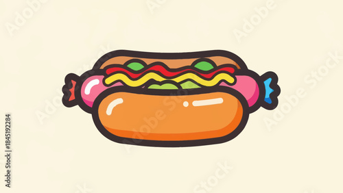 Cartoon hot dog with condiments on a bun illustration isolated