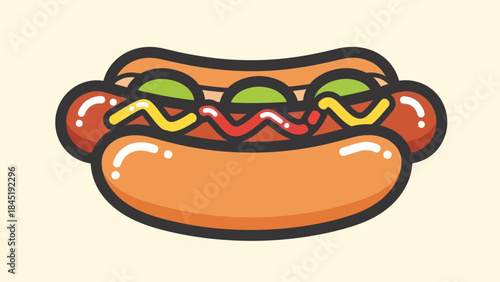 Cartoon hot dog with condiments isolated on a light beige background