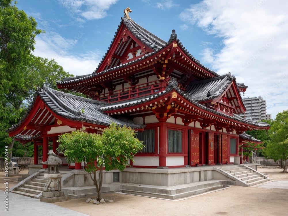 Fototapeta premium Intricate red white Japanese building with tiered roof grey tiles and gold accents under a cloudy sky