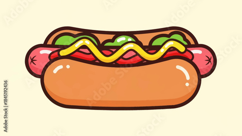 Cartoon hot dog with mustard ketchup and relish isolated on a simple background