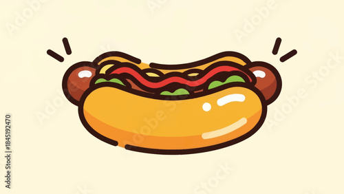Cartoon hot dog with mustard ketchup and relish isolated on light background
