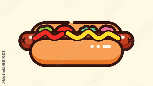 Cartoon hot dog with mustard ketchup and relish isolated on light background