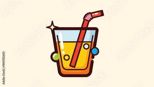 Cartoon juice glass illustration with straw and bubbles isolated on light background