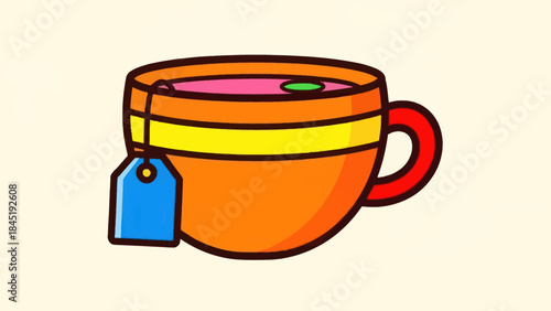 Cartoon illustration of a hot beverage cup with tea bag and liquid