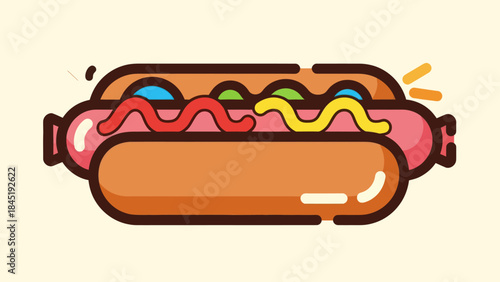 Cartoon hot dog with toppings on beige background culinary illustration