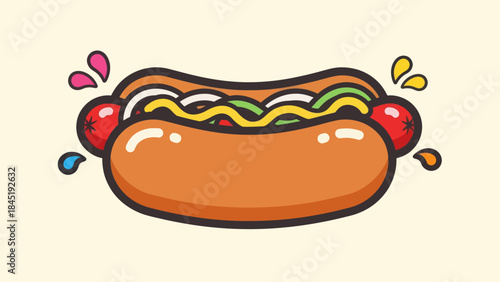 Cartoon hot dog with toppings on a light beige background