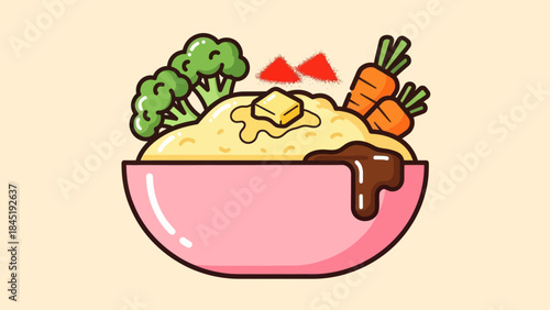 Cartoon mashed potatoes in a pink bowl with broccoli and carrots illustration