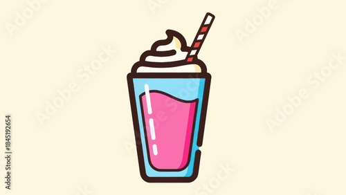 Cartoon milkshake with whipped cream and a striped straw against a cream background