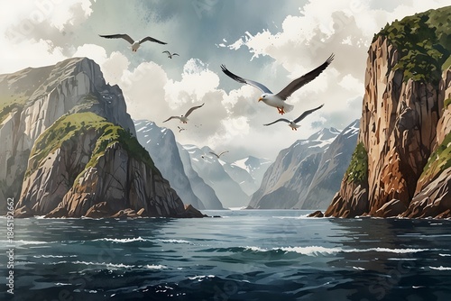 Seagulls soaring above steep rocky coastlines