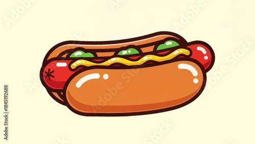 Cartoon hotdog with condiments on a light background for various uses
