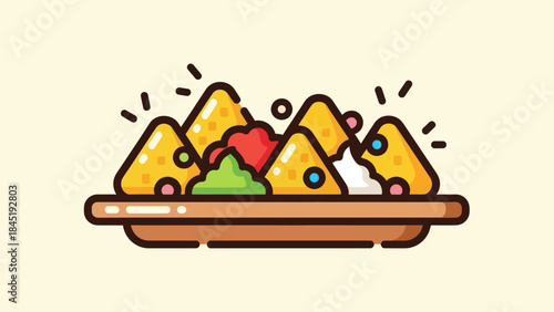Cartoon nachos on a plate with dips illustration for culinary design