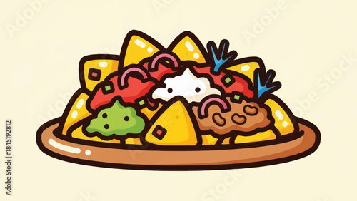 Cartoon nachos illustration with salsa guacamole and sour cream on a plate
