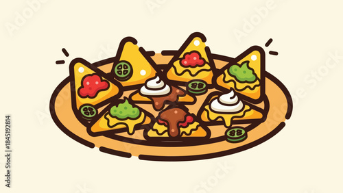 Cartoon nachos with various toppings on a plate vector illustration