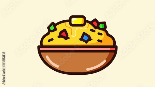Cartoon illustration of a bowl of cooked food with colorful toppings