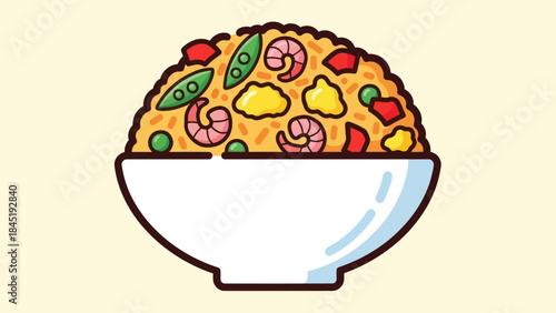 Cartoon illustration of a bowl filled with delicious fried rice