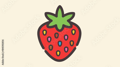 Cartoon strawberry illustration with bright red color and dark outline