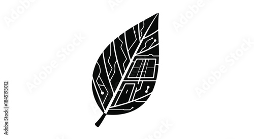 Leaf symbol with integrated circuit patterns, symbolizing technology and nature.