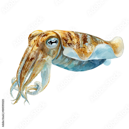 Cuttlefish watercolor vector illustration, high-quality artwork isolated on a pure white background.