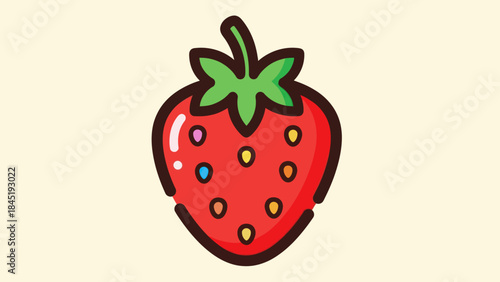 Cartoon strawberry illustration with red fruit and green leaves on neutral background