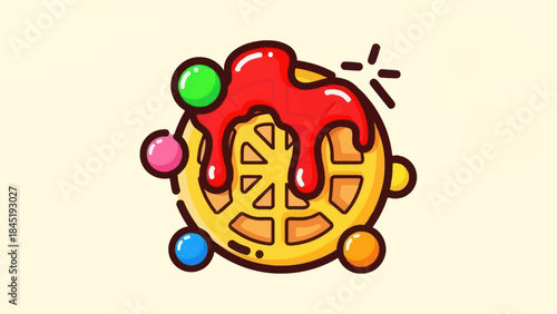 Cartoon waffle illustration with colorful candy toppings on a light background