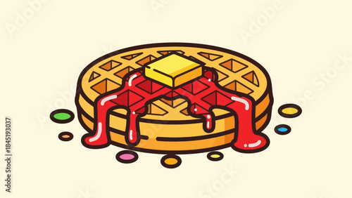 Cartoon waffle with butter and syrup isolated on neutral background