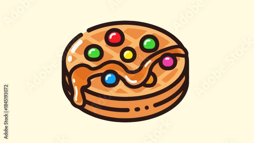 Cartoon waffle with colorful candies and syrup isolated on white background