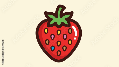 Cartoon strawberry illustration with seeds and green leaves on cream background